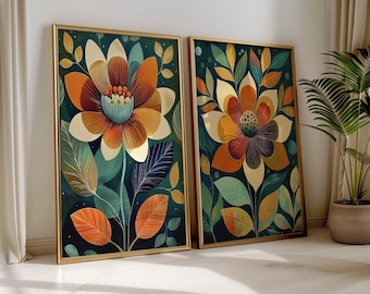 Scandinavian Art Norwegian Folk Art Floral Print Set of 2 Nordic