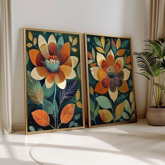 Scandinavian Art Norwegian Folk Art Floral Print Set of 2 Nordic