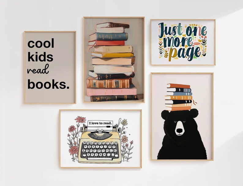 Arte mural para amantes de los libros, impresiones de lectura para habitación infantil, decoración de biblioteca, póster de lectura para niños, impresiones con cita "Solo una página más" imagen 8