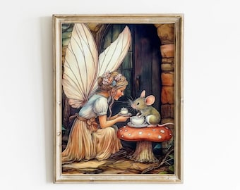 Fairy Tea Party Nursery Wall Art Vintage Cottagecore Prints Kids Room Fairy Wall Art Mouse Tea Party Print Little Creatures Art
