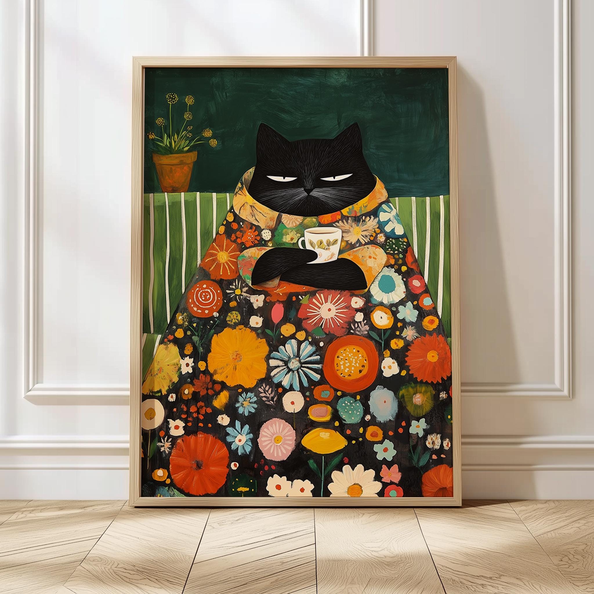 花柄の猫アート、面白い黒猫プリント、風変わりなホームデコレーション
