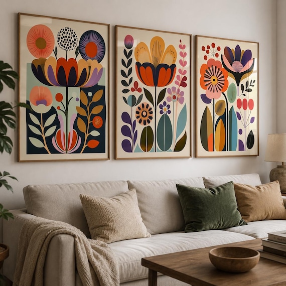 Scandinavian art norwegian folk art floral print set of 3 nordic wall art scandi folk poster boho wall decor living room prints