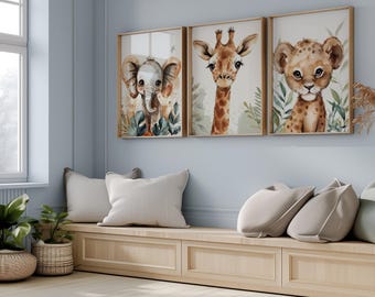 Watercolor Animal Prints - Safari Nursery Wall Art - Elephant, Giraffe, Lion - Kids Room Decor