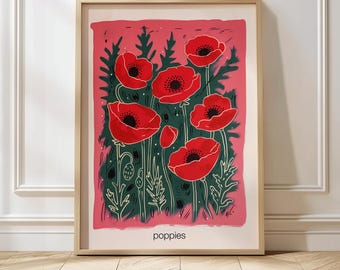 Póster botánico con estampado de amapola, arte abstracto minimalista vintage de amapola, decoración de pared para dormitorio, estampado floral botánico
