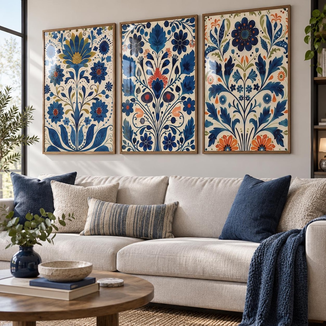 Scandinavian Art, Norwegian Folk Art Floral Print Set of 3, Nordic