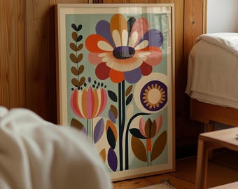 Mid Century Modern Floral Art Print, Bunte Botanische Wanddekoration