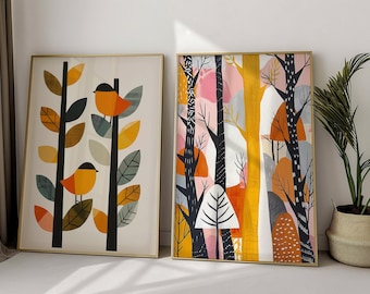 Skandinavische Kunst Norwegischer Vogel Kunst Blumenvogeldrucke 2-er Set Nordische Wandkunst Scandi Schlafzimmer Drucke Cafe Dekor Scandi Wandkunst