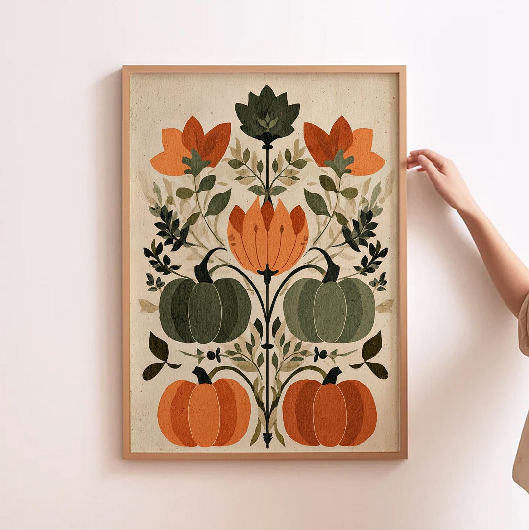 Folk Art Pumpkin Wall Art Autumn Harvest Floral Print Rustic Farmhouse ...