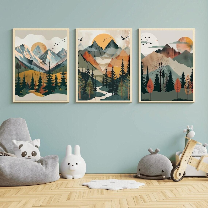 Boy Room Mountain Nursery Art Mountain Print Tree Nursery Decor Nursery Wall Art Adventure Theme Nursery Nordic Style Boys Room Prints image 3