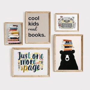 Book Lover Wall Art Set, Reading Prints for Kids Room, Library Decor, Cool Kids Read Books Poster, Just One More Page Quote Prints