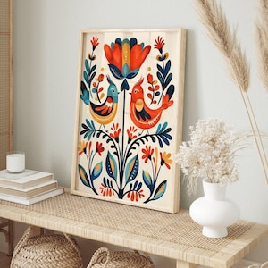 Scandinavian Art Norwegian Folk Art Floral Bird Print Nordic Wall