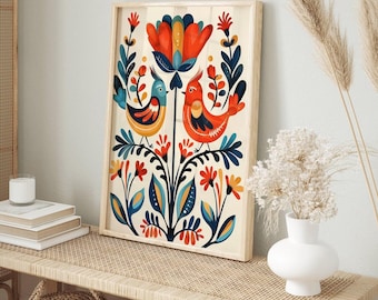 Skandinavische Kunst Norwegische Folklore-Kunst Blumendruck Nordische Wandkunst Schlafzimmer Wohnzimmer Haus-Kaffee-Dekor Folklore-Vogelkunst