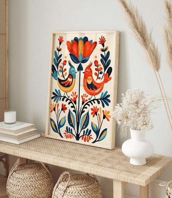 Scandinavian Art Norwegian Folk Art Floral Bird Print Nordic Wall