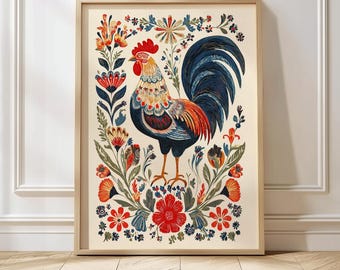Arte mural de gallo, lámina folclórica polaca, arte tradicional polaco, póster de gallo, decoración folclórica de granja, arte folclórico europeo, lámina de gallo folclórico