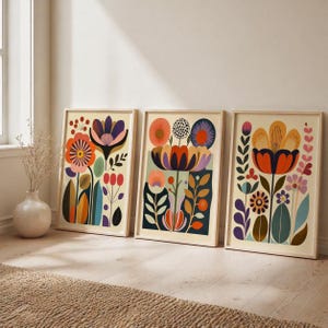 Ensemble de 3 affiches florales d'art populaire norvégien scandinave, style nordique, style bohème, pour décoration murale de salon. image 2