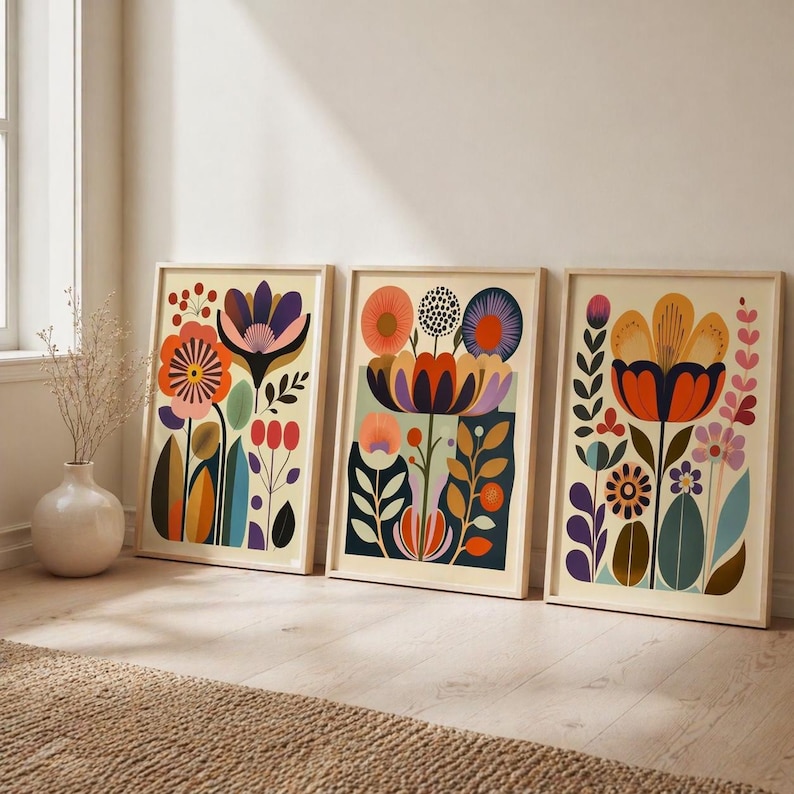 Ensemble de 3 affiches florales d'art populaire norvégien scandinave, style nordique, style bohème, pour décoration murale de salon. image 2