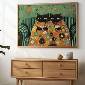 Black Cat Art Funny Cat Prints Grumpy Cat Print Cat Drinking Coffee Cat Lover Wall Art Funny Cafe Art Dark Green Wall Decor Funny Coffee Art image 2