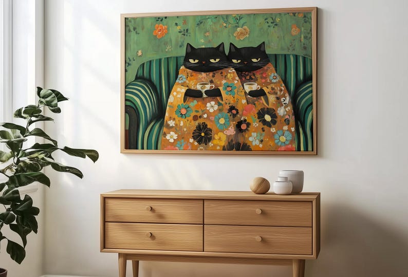 Black Cat Art Funny Cat Prints Grumpy Cat Print Cat Drinking Coffee Cat Lover Wall Art Funny Cafe Art Dark Green Wall Decor Funny Coffee Art image 2