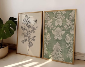 Contemporary Printable Wall Art Set of 2 Prints Vintage Artwork Collection Vintage Tapestry Art Botanical Flower Sketch Green Tapestry Art