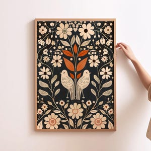 Scandinavian Art Norwegian Folk Art Floral Bird Print  Nordic Wall Art Bedroom Living Room Home Cafe Decor Folklore Bird Art