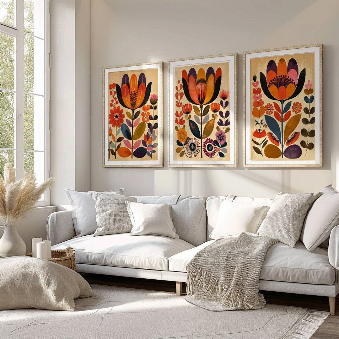 Scandinavian Art Set of 3 Norwegian Folk Art Floral Print Nordic Wall ...
