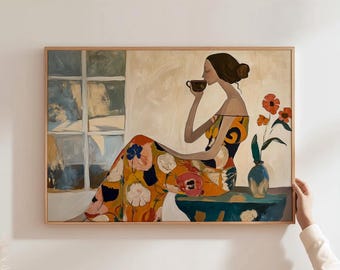 Woman Drinking Coffee Art Print - Floral Dress Painting, Modern Wall Decor