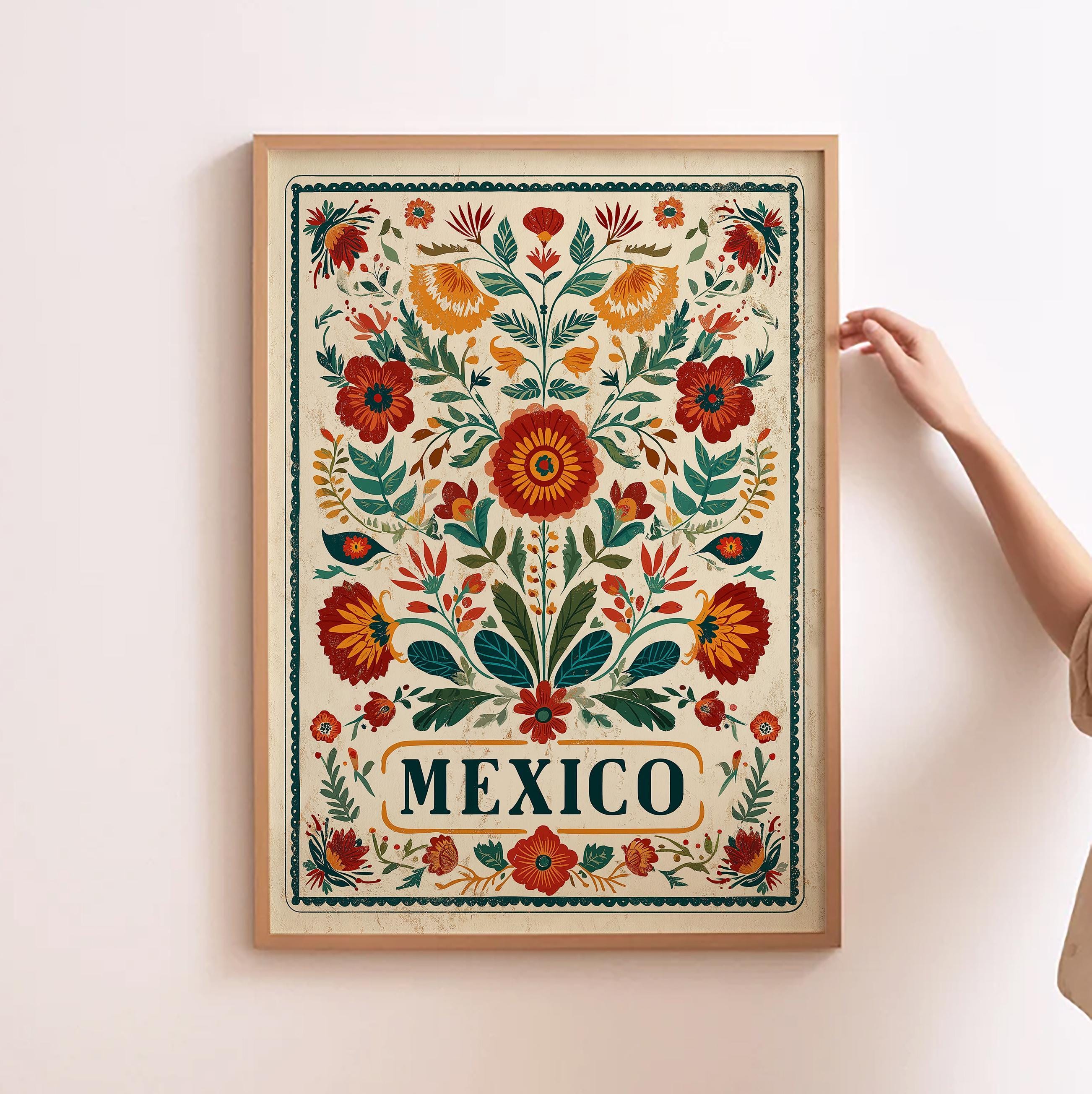 Mexican Folk Art Print Vintage Floral Mexico Poster Traditional Mexican ...