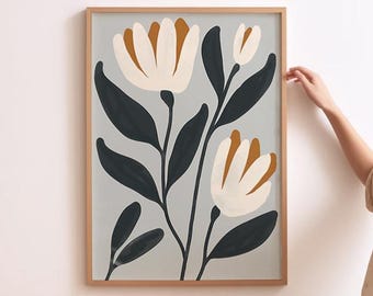 Abstrakt Blumen, Mid Century Modern, druckbare Wandkunst, hellblaue Kunst, Schlafzimmer Blumen Wandkunst, nordische Raumdekoration, botanische Wandkunst