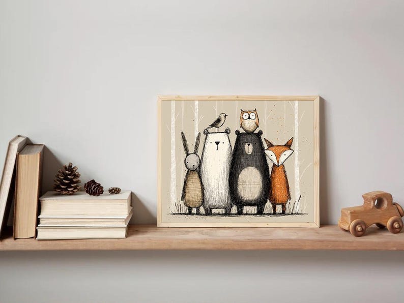 Scandinavian Woodland Art Forest Nursery Print Scandi Woodland Nursery Decor Panoramic Decor Animal Art For Baby Room Nature Nursery Art image 2