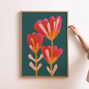 フローラルアート ミッドセンチュリー フラワーペインティング ティール ボタニカルポスター 春のフラワーアート モダンダイニングルームプリント 春のチューリップウォールアート チューリップペインティング