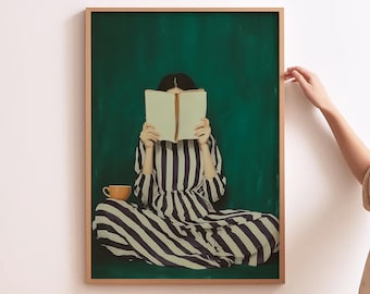 Emerald green wall art contemporary people print reading corner art bookish wall decor woman reading print contemporary reading art