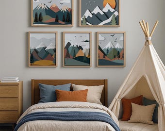 Adventure Nursery Wall Art Set of 5, Boys Room Mountain Prints, Scandinavian Kids Decor, Neutral Nature Wall Set, Playroom Art Printable