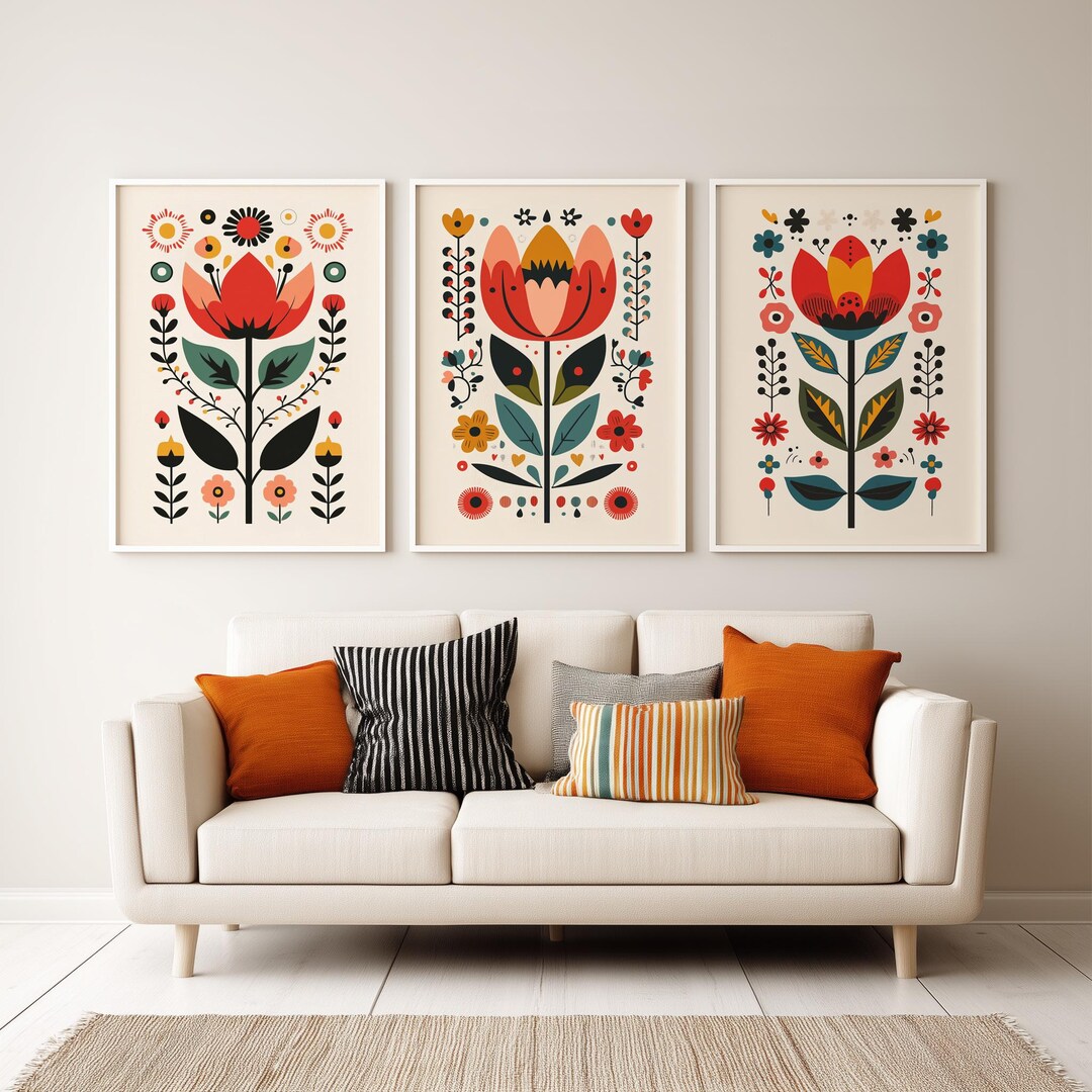 Scandinavian Folk Art Norwegian Wall Art Floral Print Set of 3 Nordic ...