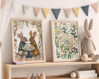 Tea Party Nursery Wall Art, Set Of 2 Prints, Cottagecore Kids Room Prints, Wildflower Poster, Floral Foraging, Woodland Nursery Prints