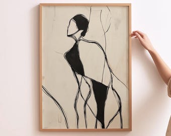 Abstract Line Art Print, Minimalist Black and White Figure Drawing, Modern Wall Art Poster, Contemporary Home Decor Sketch