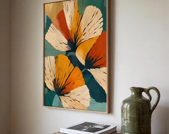Abstrakte florale Wandkunst, blaugrüner Blumendruck, Mid-Century Modern Decor, große botanische druckbare Kunst