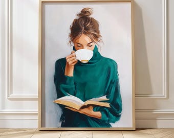 Book and Coffee Wall Art Abstract People Print Book Lover Tea Art Cozy Cafe Decor Latte Poster Reading Nook Print Coffee Bar Artwork