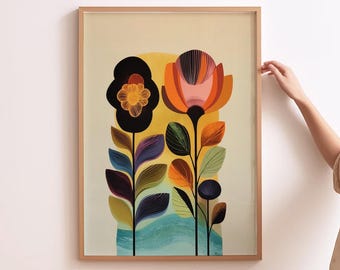 Scandinavian Floral Wall Art Colorful Botanical Poster Bright Flower Artwork Retro Mid Century Modern Home Decor Colorful Wall Print