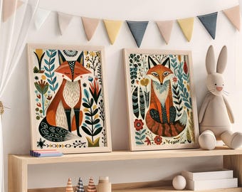 Nursery Fox Wall Art Woodland Kids Room Decor Folk Fox Print Scandi Fox Art Scandinavian Kids Art Woodland Nursery Prints Maximalist Art