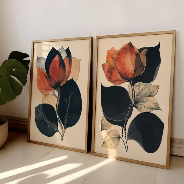 Botanical Wall Art Set of 2, Abstract Floral Prints, Mid Century Decor