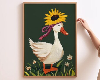Vintage Duck Print Farmhouse Nursery Wall Art Cottagecore Animal Poster with Wildflowers Baby Room Decor Rustic Country Kids Art