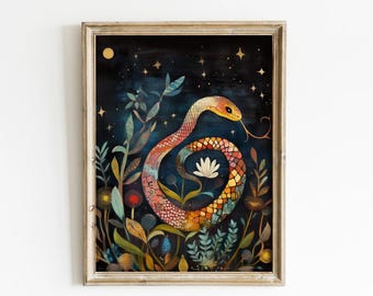 Celestial Snake Art Print, Botanical Serpent Wall Decor, Colorful Snake Illustration