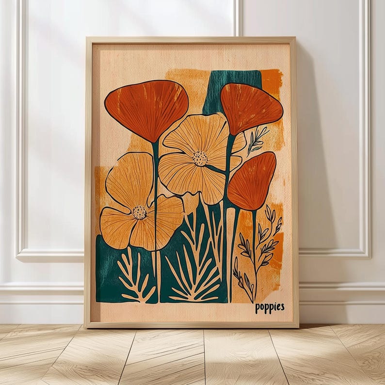 California Poppies Art Mid Century Modern Print Yellow Flower Art Cinco De Mayo Wall Art Matisse Style Botanical Wall Art Vintage Poppies image 2