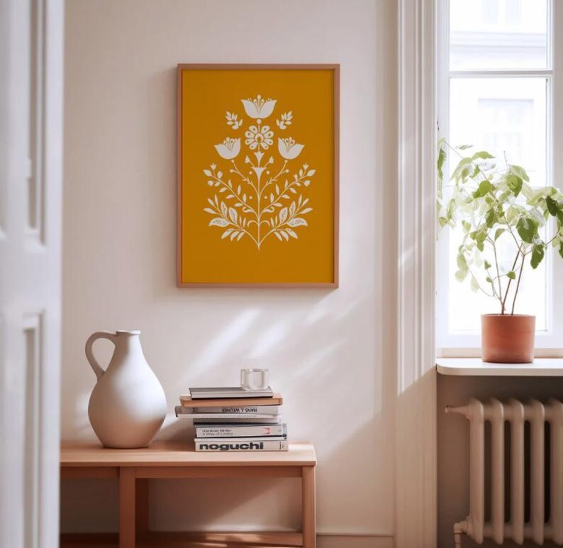 Floral Botanical Print, Mustard Yellow Wall Art, Scandinavian Folk Art ...