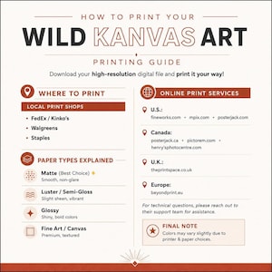 May include: A white informational guide titled HOW TO PRINT YOUR WILD KANVAS ART. The document provides instructions for printing digital files, listing local shops, online services by region, and explanations of paper types including matte and glossy.