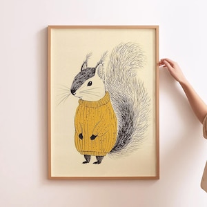 Woodland Nursery Wall Art Squirrel Print Funny Art for Kids Nursery Woodland Squirrel Print Squirrel In A Sweater Kids Room Illustration