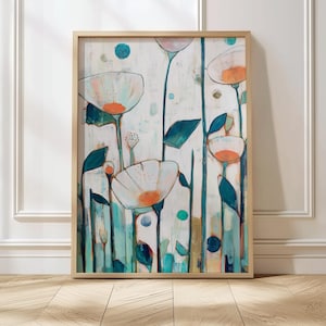 Blue Flower Wall Art Print, Pastel Floral Landscape Painting, Botanical Wall Decor for Bedroom or Living Room, Paste Flower Painting