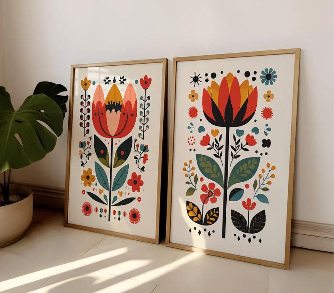 Scandinavian Art Norwegian Folk Art Floral Print Set of 2 Nordic Prints ...