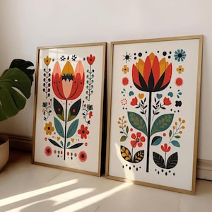 Art scandinave, art folklorique norvégien, imprimé floral, lot de 2 imprimés nordiques, art mural scandinave, imprimés contemporains pour chambre à coucher, décoration d'intérieur scandinave