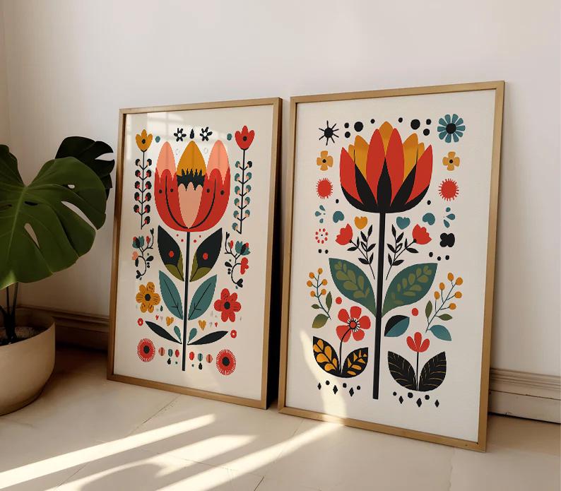 Scandinavian Art Norwegian Folk Art Floral Print Set of 2 Nordic Prints Scandi Wall Art Contemporary Bedroom Prints Scandi Home Decor